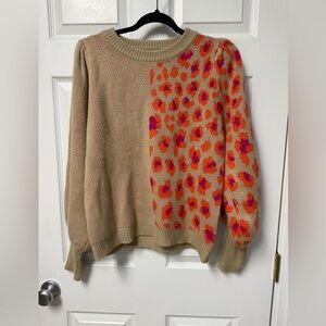 JODIFL Beige Crewneck Sweater with Orange and Pink Leopard Print